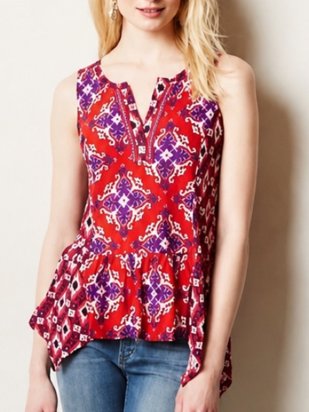 Anthropologie Akemi + Kin Red Boho Embellished Tank Top Tribal Summer Size M